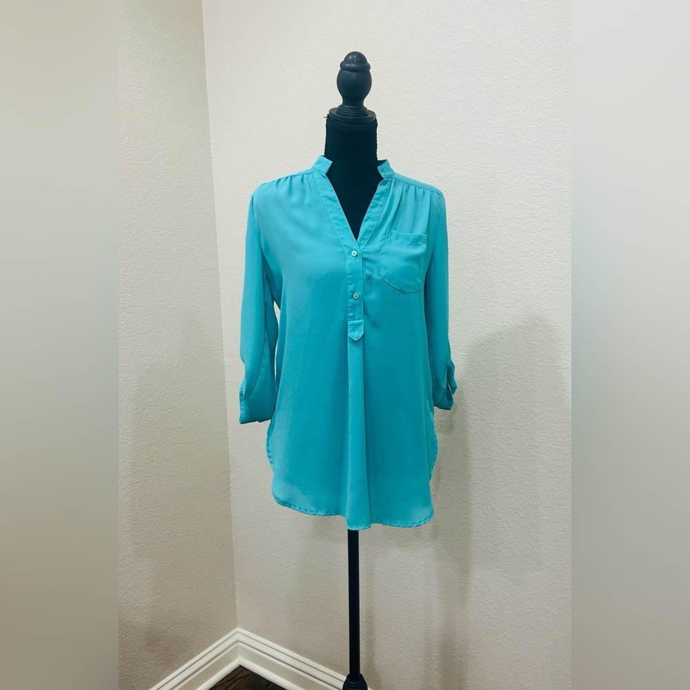 41 Hawthorn for Stitchfix Teal Sheer‎ Flowy Boho Tunic Spring Blouse